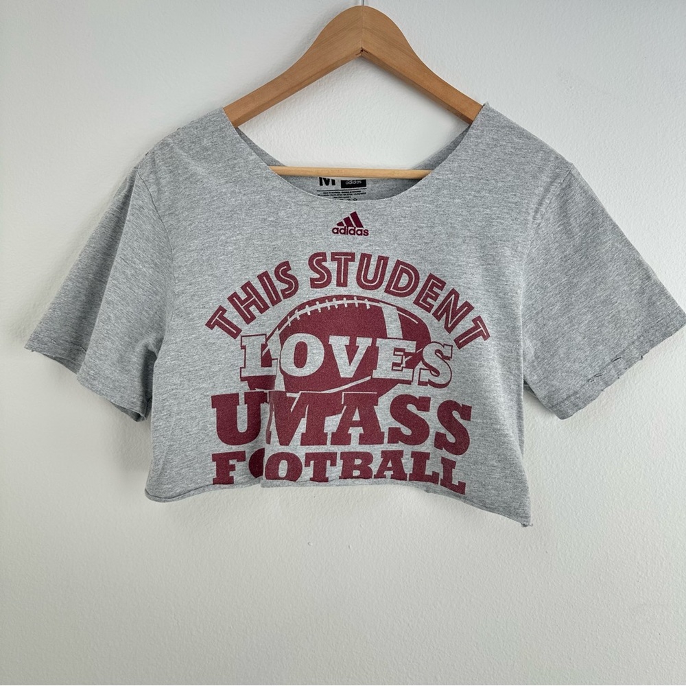 University of Massachusetts UMASS distressed cropped off the shoulder top
